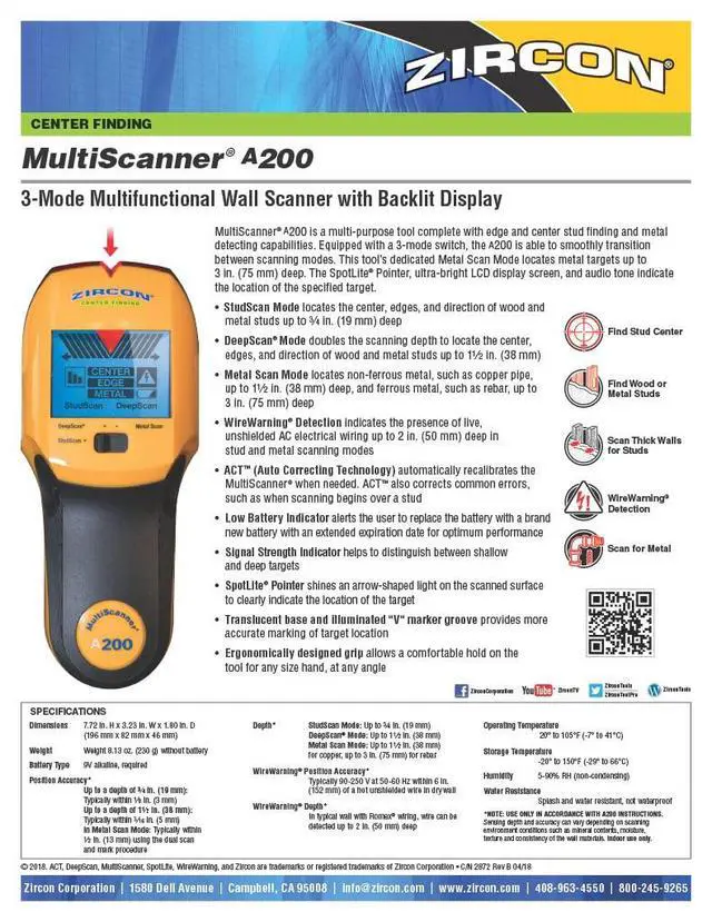Alt view image 7 of 7 - ® MultiScanner A200 Stud Finder with Metal & Live Wire Detection | Find wood and metal studs, detect metal objects and live AC wires before drilling with visual SpotLite® guidance
