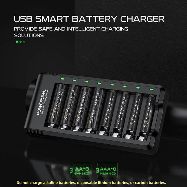 Alt view image 2 of 7 - 8 Bay AA AAA Battery Charger, USB High-Speed Charging, Independent Slot, for Ni-MH Rechargeable Batteries, No Adapter