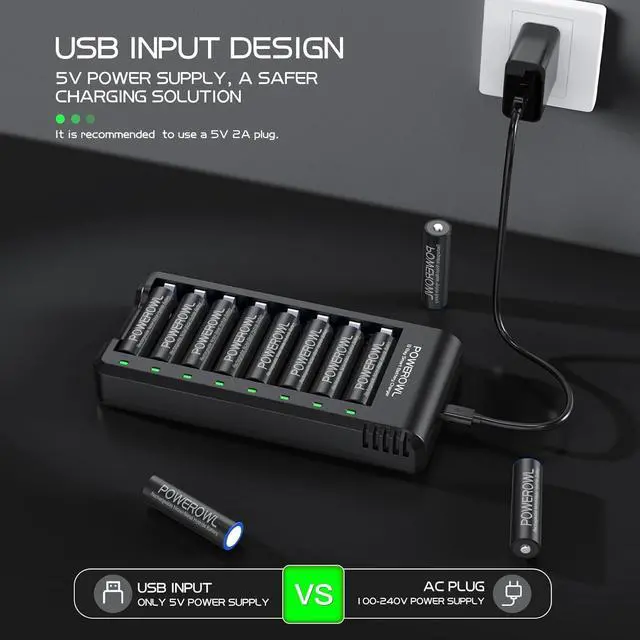 Alt view image 5 of 7 - 8 Bay AA AAA Battery Charger, USB High-Speed Charging, Independent Slot, for Ni-MH Rechargeable Batteries, No Adapter