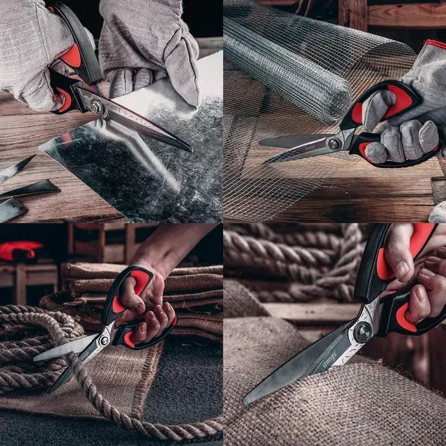 Alt view image 2 of 6 - 10" Heavy Duty Multipurpose Shears for Shop & Garden (Red/Black) | Forged stainless steel with titanium coating. Cuts fabric, cardboard, pruning branches, household materials, Rust-resistant