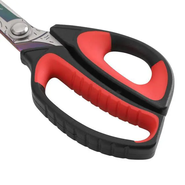 Alt view image 4 of 6 - 10" Heavy Duty Multipurpose Shears for Shop & Garden (Red/Black) | Forged stainless steel with titanium coating. Cuts fabric, cardboard, pruning branches, household materials, Rust-resistant