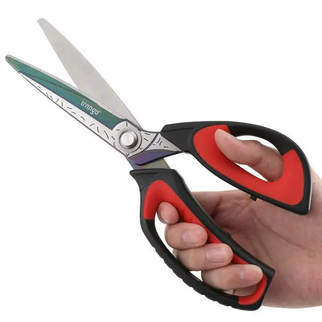 Alt view image 5 of 6 - 10" Heavy Duty Multipurpose Shears for Shop & Garden (Red/Black) | Forged stainless steel with titanium coating. Cuts fabric, cardboard, pruning branches, household materials, Rust-resistant
