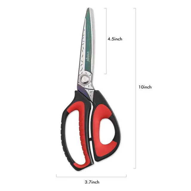 Alt view image 6 of 6 - 10" Heavy Duty Multipurpose Shears for Shop & Garden (Red/Black) | Forged stainless steel with titanium coating. Cuts fabric, cardboard, pruning branches, household materials, Rust-resistant