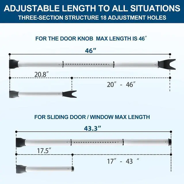 Alt view image 3 of 7 - 2 Pack Door Security Bar, Heavy Duty Patio Door Lock,White | Locking Security Bar for Door, Adjustable Home Security Barricade for Apartment, Hotel Room and Screen Door