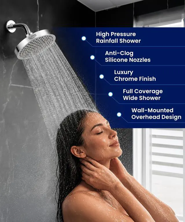 Alt view image 2 of 7 - Shower Head - Luxury Polished Chrome Finish - Rain Showerhead 6 Inch | High Pressure Shower Heads with Adjustable Angles, 90 Anti-Clog Nozzles, Tool-Free 1-Min Install