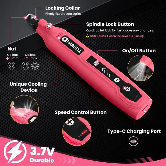 Alt view image 7 of 7 - Mini Cordless Rotary Tool, 5-Speed 3.7V Rechargeable Rotary Tool Kit with 69 Accessories, USB Charging Multi-Purpose DIY Tool for Sanding, Polishing, Drilling, Engraving(Pink 69pcs)