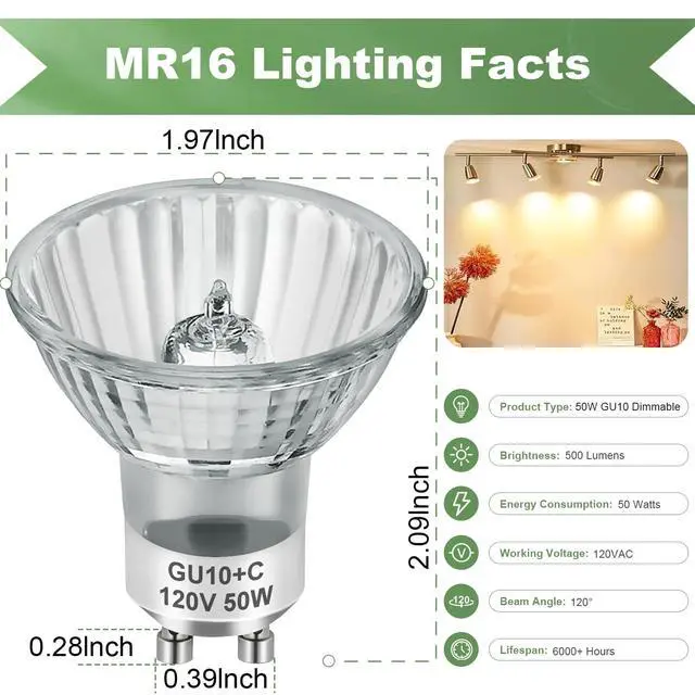 Alt view image 2 of 7 - GU10 120V 50W Halogen Light Bulbs for Track and Range Hood, GU10+C Candle Warmer Lamp with Dimmable, 2700K Warm White, 6000+Hours Long-Lasting Pack of 6
