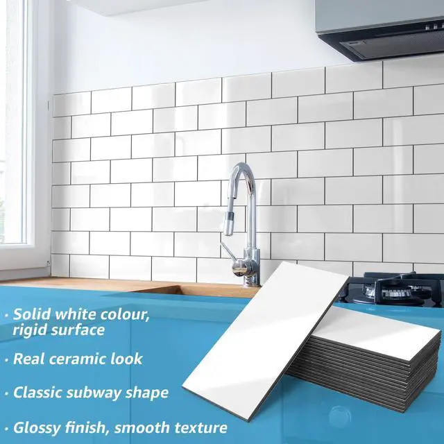 Alt view image 4 of 7 - 102-Pack Peel and Stick Backsplash on Subway Tile, Glossy White | 3 x 6 in, PVC, Self Adhesive, Waterproof, Traceless Peel, Modular Splicing, Ideal for Vanities, Bathrooms