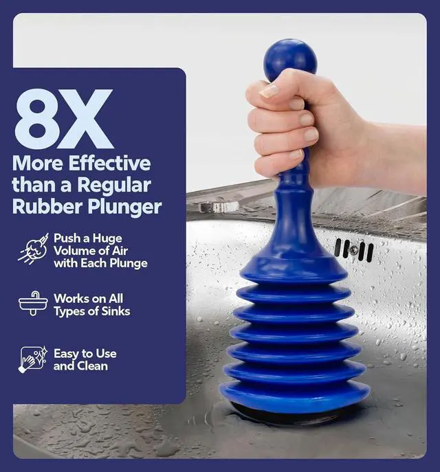 Alt view image 2 of 7 - Sink Plunger Kitchen - Sink Plunger Bathroom - Drain Bathtub or Shower - Small and Powerful Clog Remover - Commercial Style "Plumbers Plungers" with Large Bellows - Blue - Small