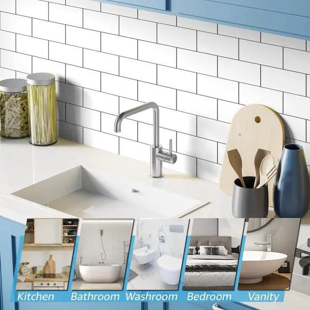 Alt view image 7 of 7 - 102-Pack Peel and Stick Backsplash on Subway Tile, Glossy White | 3 x 6 in, PVC, Self Adhesive, Waterproof, Traceless Peel, Modular Splicing, Ideal for Vanities, Bathrooms
