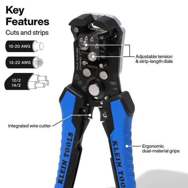 Alt view image 2 of 5 - 11061 Self-Adjusting Stripper / Cutter, Heavy Duty, for 10-20 AWG Solid, 12-22 AWG Stranded, and Romex Wire 12/2 and 14/3