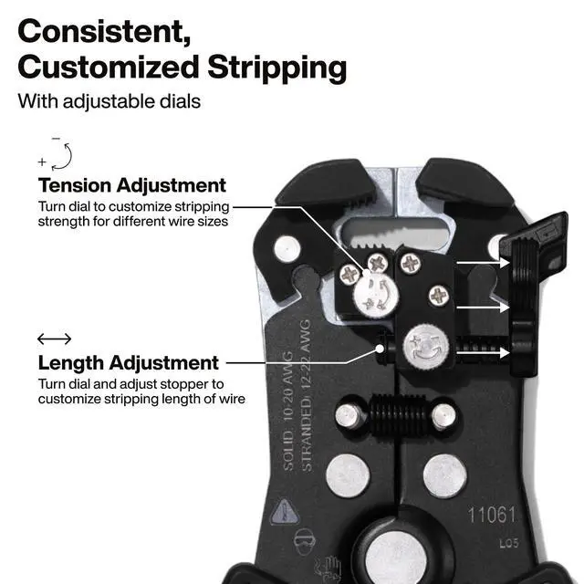 Alt view image 4 of 5 - 11061 Self-Adjusting Stripper / Cutter, Heavy Duty, for 10-20 AWG Solid, 12-22 AWG Stranded, and Romex Wire 12/2 and 14/3