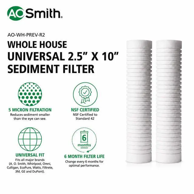 Alt view image 2 of 7 - 2.5"x10" 5-Micron Universal Sediment Filter | AO-WH-PREV-R2 | NSF Certified | Fits AO-WH-PREV or AO-WH-PRE Whole House Filtration Systems | Last 6 Months Each | 2-Pack