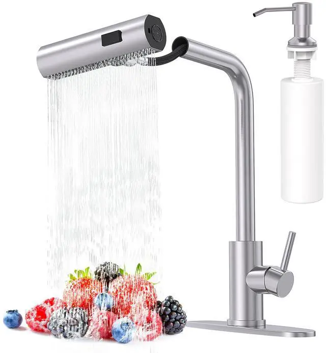 Main image of Brushed Nickel Kitchen Faucets with Pull Down Sprayer & Soap Dispenser, Single Hole & Handle, Pull Out Tap, Waterfall Stainless Steel Sink Faucet for Farmhouse Camper Laundry Rv Bar