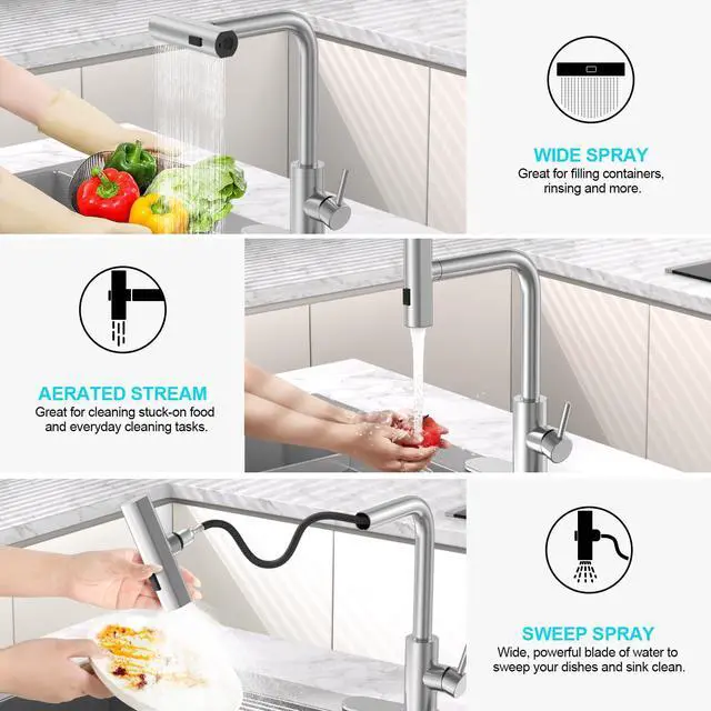 Alt view image 2 of 7 - Brushed Nickel Kitchen Faucets with Pull Down Sprayer & Soap Dispenser, Single Hole & Handle, Pull Out Tap, Waterfall Stainless Steel Sink Faucet for Farmhouse Camper Laundry Rv Bar