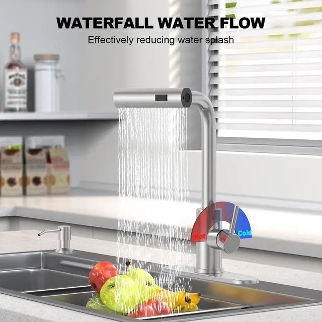 Alt view image 3 of 7 - Brushed Nickel Kitchen Faucets with Pull Down Sprayer & Soap Dispenser, Single Hole & Handle, Pull Out Tap, Waterfall Stainless Steel Sink Faucet for Farmhouse Camper Laundry Rv Bar