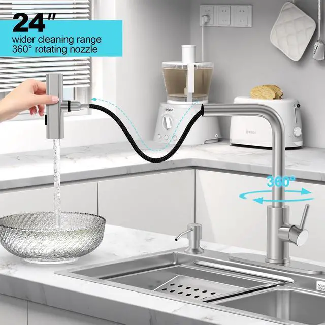 Alt view image 4 of 7 - Brushed Nickel Kitchen Faucets with Pull Down Sprayer & Soap Dispenser, Single Hole & Handle, Pull Out Tap, Waterfall Stainless Steel Sink Faucet for Farmhouse Camper Laundry Rv Bar