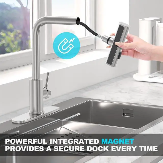 Alt view image 6 of 7 - Brushed Nickel Kitchen Faucets with Pull Down Sprayer & Soap Dispenser, Single Hole & Handle, Pull Out Tap, Waterfall Stainless Steel Sink Faucet for Farmhouse Camper Laundry Rv Bar