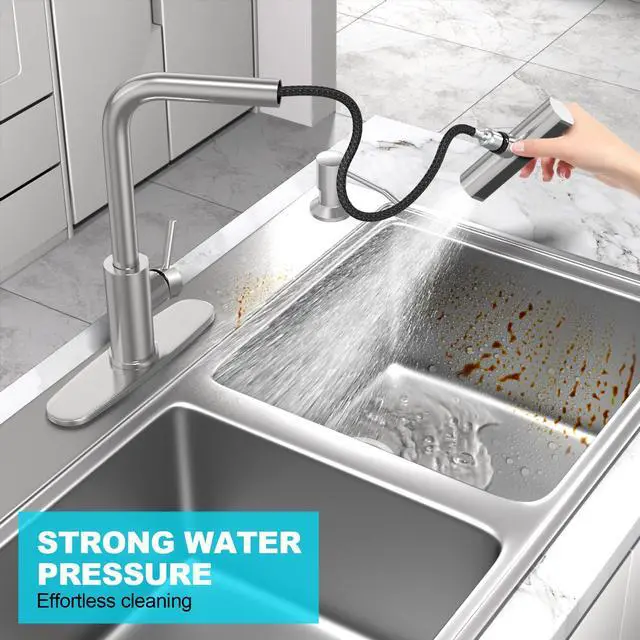 Alt view image 5 of 7 - Brushed Nickel Kitchen Faucets with Pull Down Sprayer & Soap Dispenser, Single Hole & Handle, Pull Out Tap, Waterfall Stainless Steel Sink Faucet for Farmhouse Camper Laundry Rv Bar