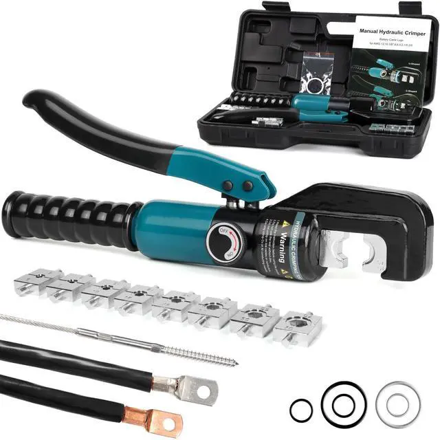Main image of 10 Tons Hydraulic Crimping Tool with 9 Dies, 12 to 2/0 AWG | Battery Cable Crimper Tool, Wire Rope Crimping Tool for 1/16" 1/8" 3/16" Stainless Steel Cable Railing Tool
