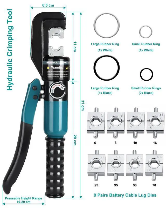 Alt view image 2 of 7 - 10 Tons Hydraulic Crimping Tool with 9 Dies, 12 to 2/0 AWG | Battery Cable Crimper Tool, Wire Rope Crimping Tool for 1/16" 1/8" 3/16" Stainless Steel Cable Railing Tool