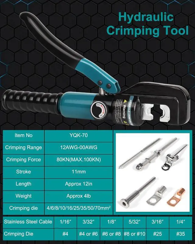 Alt view image 3 of 7 - 10 Tons Hydraulic Crimping Tool with 9 Dies, 12 to 2/0 AWG | Battery Cable Crimper Tool, Wire Rope Crimping Tool for 1/16" 1/8" 3/16" Stainless Steel Cable Railing Tool