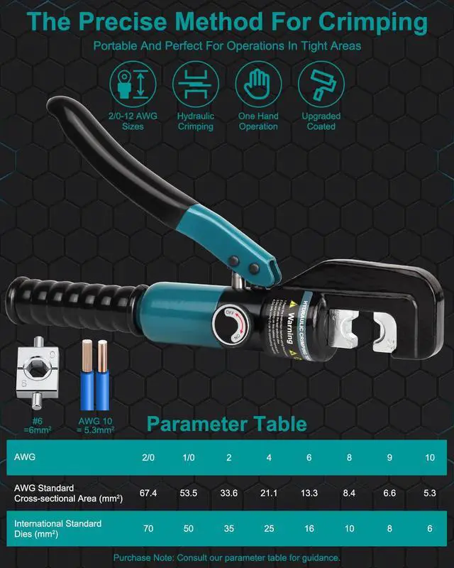 Alt view image 4 of 7 - 10 Tons Hydraulic Crimping Tool with 9 Dies, 12 to 2/0 AWG | Battery Cable Crimper Tool, Wire Rope Crimping Tool for 1/16" 1/8" 3/16" Stainless Steel Cable Railing Tool