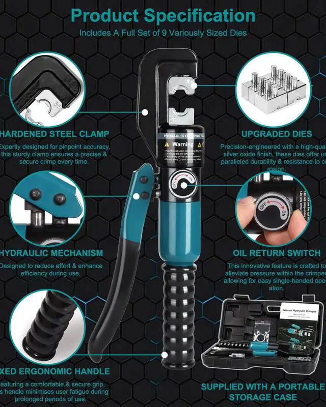 Alt view image 5 of 7 - 10 Tons Hydraulic Crimping Tool with 9 Dies, 12 to 2/0 AWG | Battery Cable Crimper Tool, Wire Rope Crimping Tool for 1/16" 1/8" 3/16" Stainless Steel Cable Railing Tool