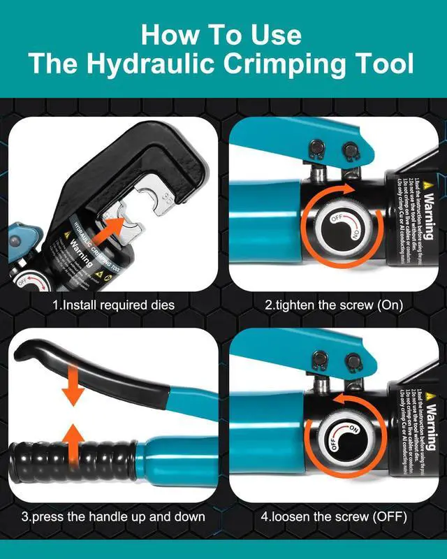 Alt view image 7 of 7 - 10 Tons Hydraulic Crimping Tool with 9 Dies, 12 to 2/0 AWG | Battery Cable Crimper Tool, Wire Rope Crimping Tool for 1/16" 1/8" 3/16" Stainless Steel Cable Railing Tool