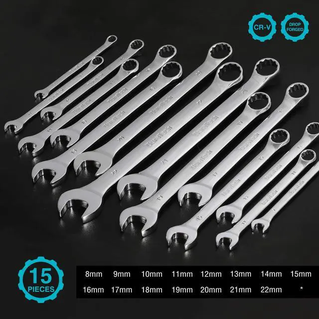 Alt view image 2 of 7 - Combination Wrench Set, Metric, 15-Piece, 8-22mm | 12-Point, CR-V Steel, Rolling Pouch