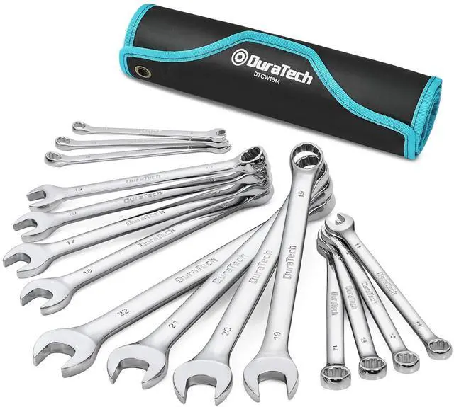 Main image of Combination Wrench Set, Metric, 15-Piece, 8-22mm | 12-Point, CR-V Steel, Rolling Pouch