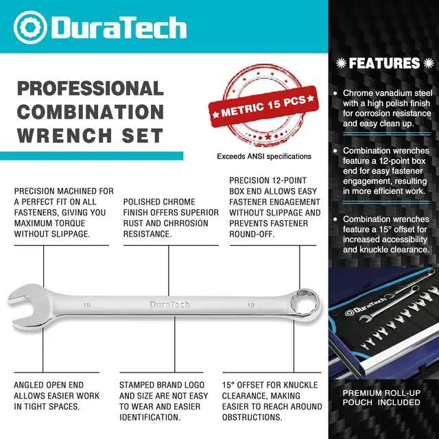 Alt view image 3 of 7 - Combination Wrench Set, Metric, 15-Piece, 8-22mm | 12-Point, CR-V Steel, Rolling Pouch