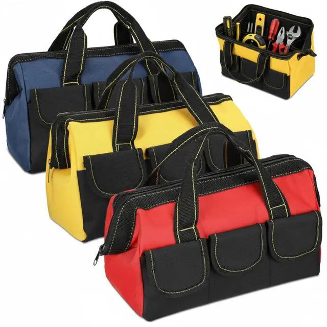 Main image of 3 Pack Tool Bag for Men with Waterproof Hard Bottom, Heavy Duty Tool Bag Wide Mouth Tote for Various Instrument, Electrician Carpenter Mechanic(Blue, Red, Yellow,18 Inch,Classic)