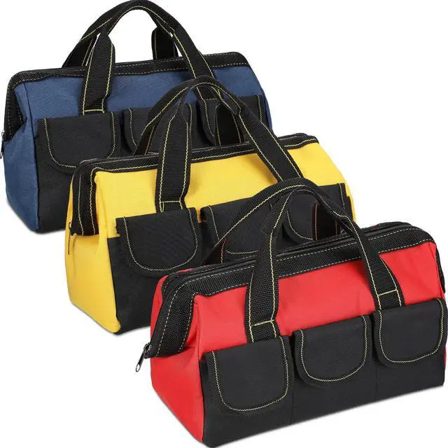 Main image of 3 Pack Tool Bag for Men with Waterproof Hard Bottom, Heavy Duty Tool Bag Wide Mouth Tote for Various Instrument, Electrician Carpenter Mechanic(Blue, Red, Yellow,13 Inch,Classic)