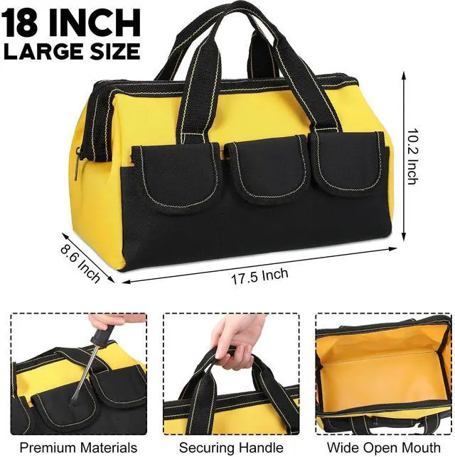 Alt view image 2 of 7 - 3 Pack Tool Bag for Men with Waterproof Hard Bottom, Heavy Duty Tool Bag Wide Mouth Tote for Various Instrument, Electrician Carpenter Mechanic(Blue, Red, Yellow,18 Inch,Classic)