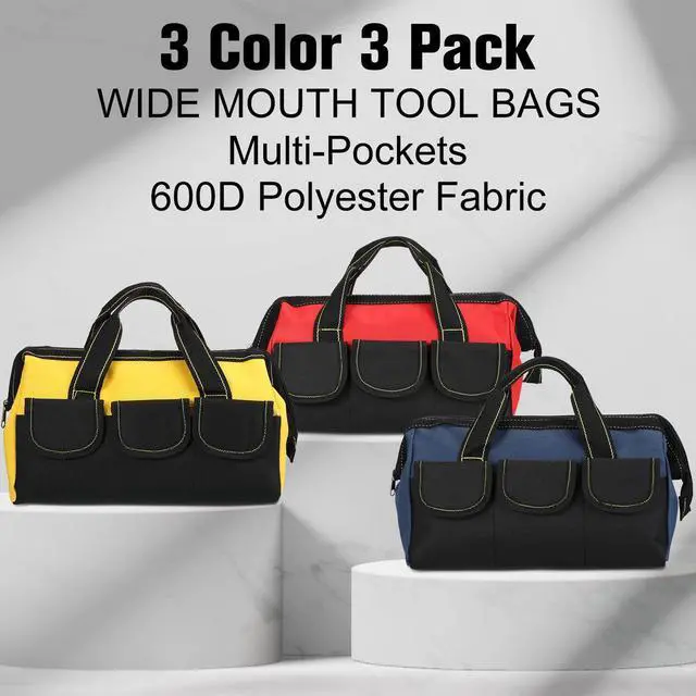 Alt view image 4 of 7 - 3 Pack Tool Bag for Men with Waterproof Hard Bottom, Heavy Duty Tool Bag Wide Mouth Tote for Various Instrument, Electrician Carpenter Mechanic(Blue, Red, Yellow,18 Inch,Classic)