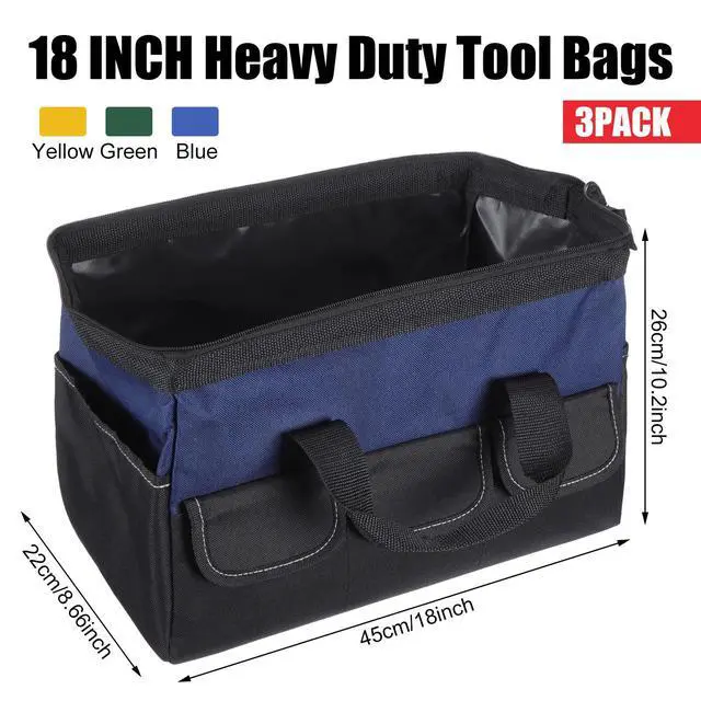 Alt view image 2 of 6 - 3 Pack Tool Bag for Men with Waterproof Hard Bottom, Heavy Duty Tool Bag Wide Mouth Tote for Various Instrument, Electrician Carpenter Mechanic (Blue, Army Green, Yellow,18 Inch,Side Gusset)
