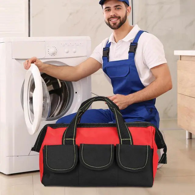 Alt view image 7 of 7 - 3 Pack Tool Bag for Men with Waterproof Hard Bottom, Heavy Duty Tool Bag Wide Mouth Tote for Various Instrument, Electrician Carpenter Mechanic(Blue, Red, Yellow,18 Inch,Classic)