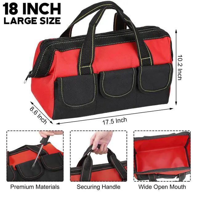 Alt view image 2 of 6 - 3 Pack Tool Bag for Men with Waterproof Hard Bottom, Heavy Duty Tool Bag Wide Mouth Tote for Various Instrument, Electrician Carpenter Mechanic(Red,18 Inch,Classic)