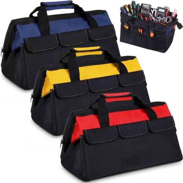 Main image of 3 Pack Tool Bag for Men with Waterproof Hard Bottom, Heavy Duty Tool Bag Wide Mouth Tote for Various Instrument, Electrician Carpenter Mechanic(Blue, Red, Yellow,18 Inch,Side Pockets)