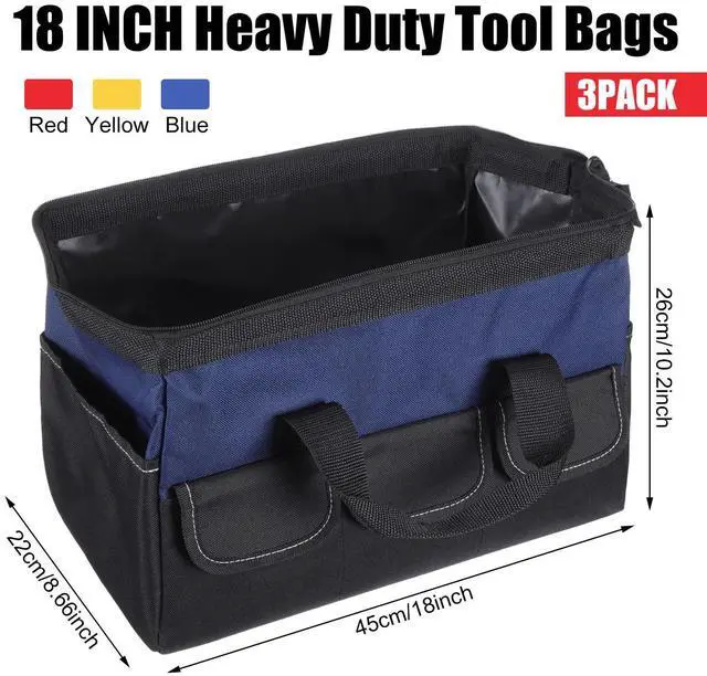 Alt view image 2 of 6 - 3 Pack Tool Bag for Men with Waterproof Hard Bottom, Heavy Duty Tool Bag Wide Mouth Tote for Various Instrument, Electrician Carpenter Mechanic(Blue, Red, Yellow,18 Inch,Side Pockets)