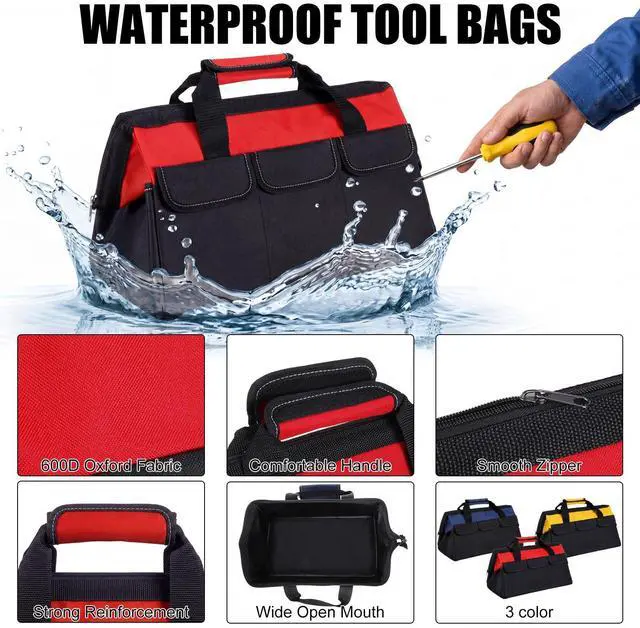 Alt view image 3 of 6 - 3 Pack Tool Bag for Men with Waterproof Hard Bottom, Heavy Duty Tool Bag Wide Mouth Tote for Various Instrument, Electrician Carpenter Mechanic(Blue, Red, Yellow,18 Inch,Side Pockets)