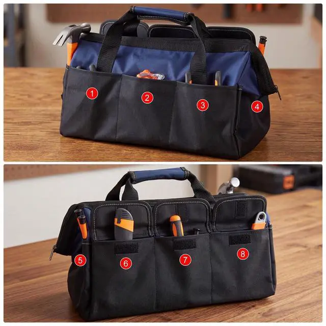 Alt view image 4 of 6 - 3 Pack Tool Bag for Men with Waterproof Hard Bottom, Heavy Duty Tool Bag Wide Mouth Tote for Various Instrument, Electrician Carpenter Mechanic(Blue, Red, Yellow,18 Inch,Side Pockets)