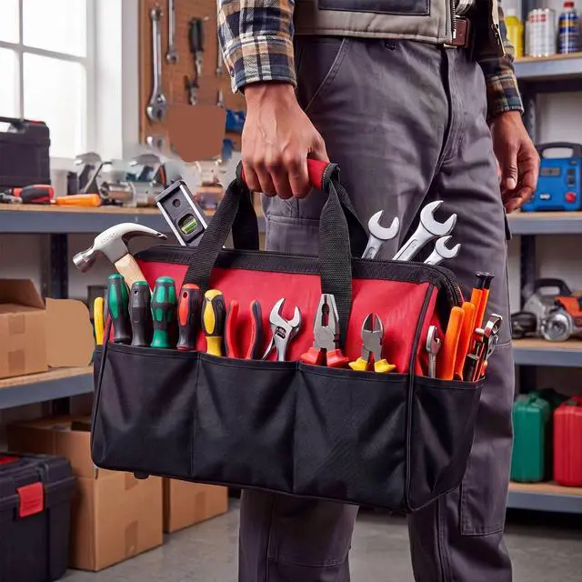 Alt view image 6 of 6 - 3 Pack Tool Bag for Men with Waterproof Hard Bottom, Heavy Duty Tool Bag Wide Mouth Tote for Various Instrument, Electrician Carpenter Mechanic(Blue, Red, Yellow,18 Inch,Side Pockets)