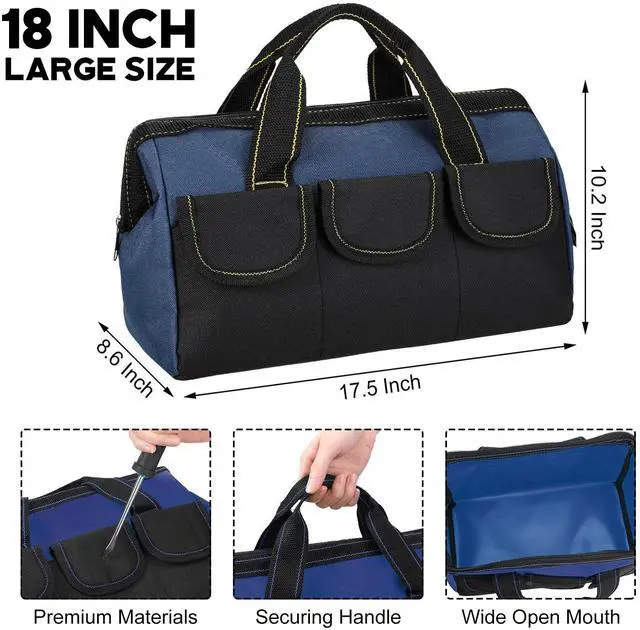 Alt view image 2 of 6 - 3 Pack Tool Bag for Men with Waterproof Hard Bottom, Heavy Duty Tool Bag Wide Mouth Tote for Various Instrument, Electrician Carpenter Mechanic(Blue,18 Inch,Classic)