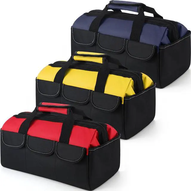Main image of 3 Pack Tool Bag for Men with Waterproof Hard Bottom, Heavy Duty Tool Bag Wide Mouth Tote for Various Instrument, Electrician Carpenter Mechanic (Blue, Red, Yellow,16 Inch,Side Pockets)