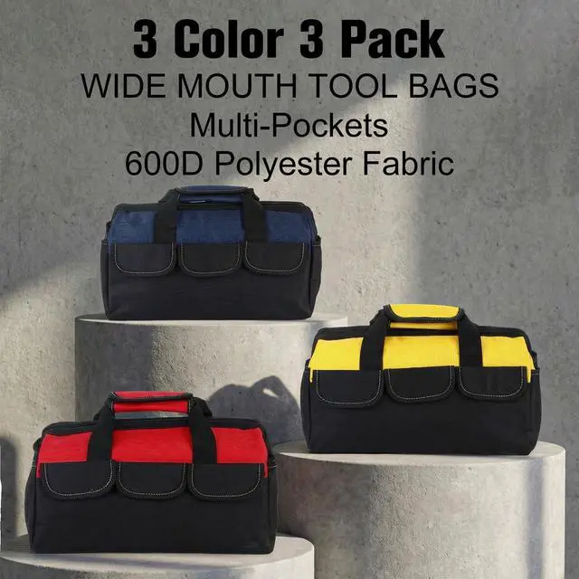 Alt view image 2 of 7 - 3 Pack Tool Bag for Men with Waterproof Hard Bottom, Heavy Duty Tool Bag Wide Mouth Tote for Various Instrument, Electrician Carpenter Mechanic (Blue, Red, Yellow,16 Inch,Side Pockets)