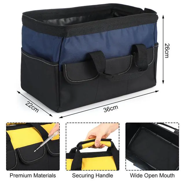 Alt view image 3 of 7 - 3 Pack Tool Bag for Men with Waterproof Hard Bottom, Heavy Duty Tool Bag Wide Mouth Tote for Various Instrument, Electrician Carpenter Mechanic (Blue, Red, Yellow,16 Inch,Side Pockets)
