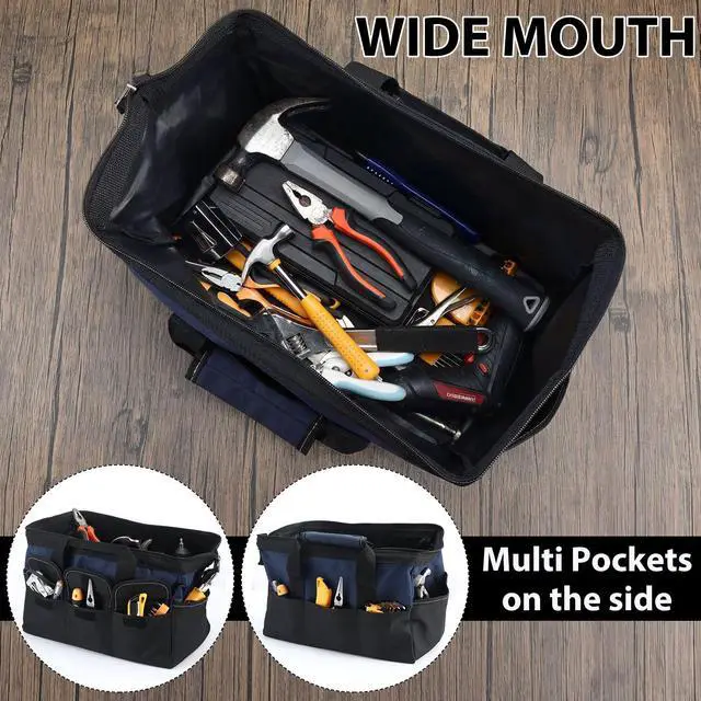 Alt view image 4 of 7 - 3 Pack Tool Bag for Men with Waterproof Hard Bottom, Heavy Duty Tool Bag Wide Mouth Tote for Various Instrument, Electrician Carpenter Mechanic (Blue, Red, Yellow,16 Inch,Side Pockets)
