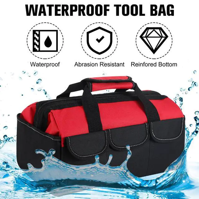 Alt view image 5 of 7 - 3 Pack Tool Bag for Men with Waterproof Hard Bottom, Heavy Duty Tool Bag Wide Mouth Tote for Various Instrument, Electrician Carpenter Mechanic (Blue, Red, Yellow,16 Inch,Side Pockets)